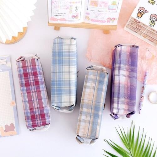 School Supplies Square Plaid Pencil Case Large Capacity Multifunctional Cute Ins Windpencil Case Stationery Canvas Pencil Bag