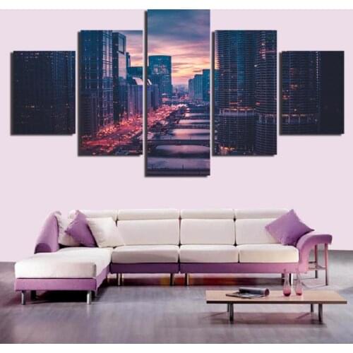 5pcs Modern City Dusk Sky Brightly Lit Street High-rise Buildings Canvas Printing Dusk Landscape Painting Frameless Poster