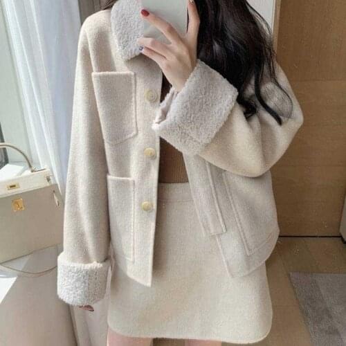 Quilted autumn and winter lamb woolen coat two-piece half skirt suit woolen coat two piece set outfits for women