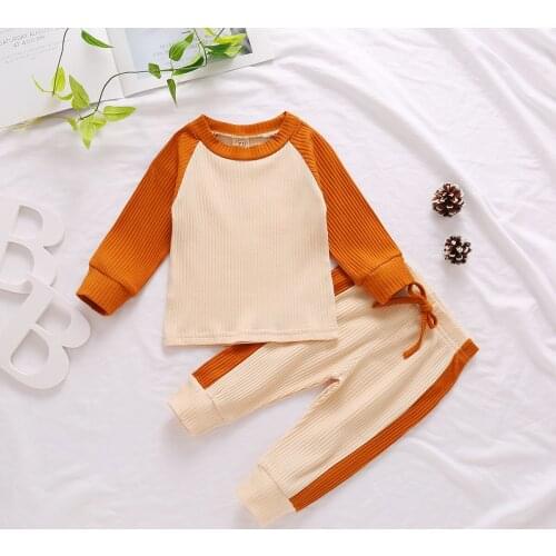 Spring Autumn Baby Kids Jogger Pants Suit Ribbed Patchwork Dye Printed Lace-up Waist Round Neck Long Sleeve Clothes Set