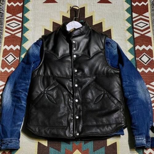 YR!Free shipping.men black genuine leather vest.90% white duck down vest.goatskin jacket.classic warm casual leather vest