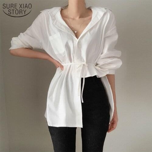 Korean Cotton Solid Color Irregular Design Belt Waist Womens White Shirts Long Sleeve Personality Fashion Women Blouses 12514