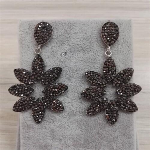 Fatsia leaf of plant metal pendants charms paved black rhinestone 6.2cm in total dangle earring for women