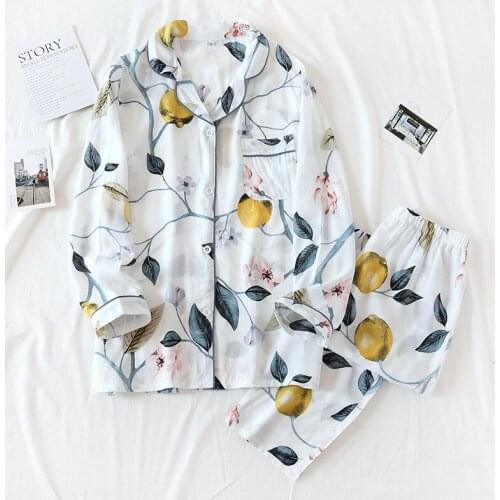 2021 Summer Spring New Thin Three-color Viscose Floral Print Long-sleeved Pj Sets for Women Loose Two-piece Japanese Pijama Set