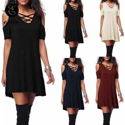Criss Cross Dress Deep V Neck Sukienka Cold Shoulder Xxl Dress Women Robe Femme Ete 2021 Plain Mini Dress Sexy Club Wear Loose