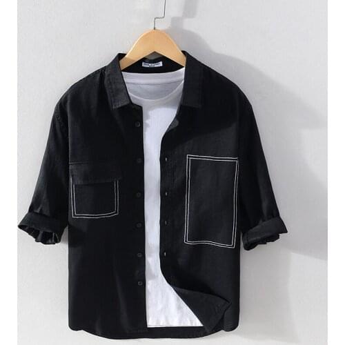 100% Linen new style unique Italy brand casual shirt men fashion three-quarter sleeved black shirts for men tops mens clothes