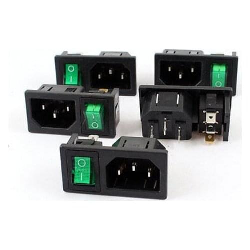 5 Pcs Green Lamp Panel Mount Rocker Switch IEC320 C14 Power Socket AC 10A 250V