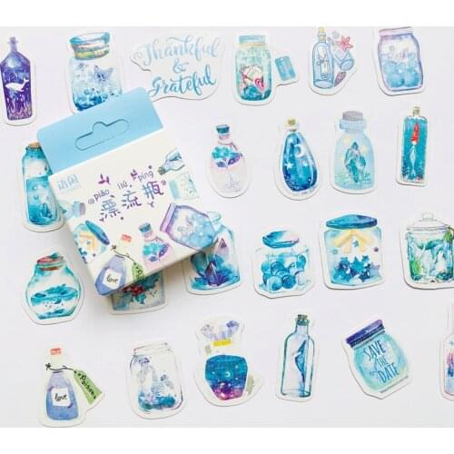 50pcs /Box Blue Style Wishing Drifting Bottle DIY Sticker Stick Label Diary Decor