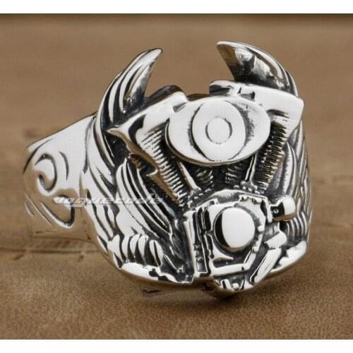 LINSION Wing Motorcycle Engine 925 Sterling Silver Mens Biker Punk Ring 8S001 US Size 7~15