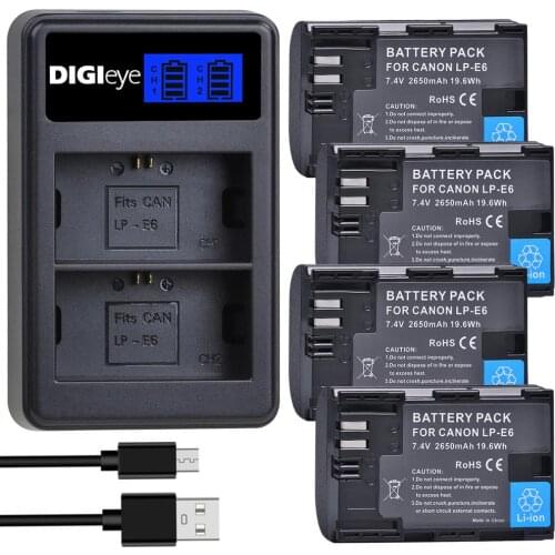4pcs 2650mAh LP-E6 LP-E6N Battery + LCD Dual Charger for Canon EOS 5D Mark II 5D Mark III 5DS 5DS R 6D 6D 7D 7D 80D Cameras