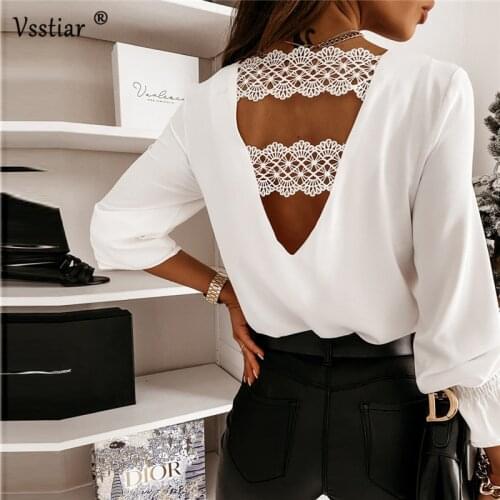 Sexy Party Backless Blouse Women Lace Patchwork Long Sleeve Casual Shirts 2020 Elegant V Neck Office Ladies Tops Plus Size