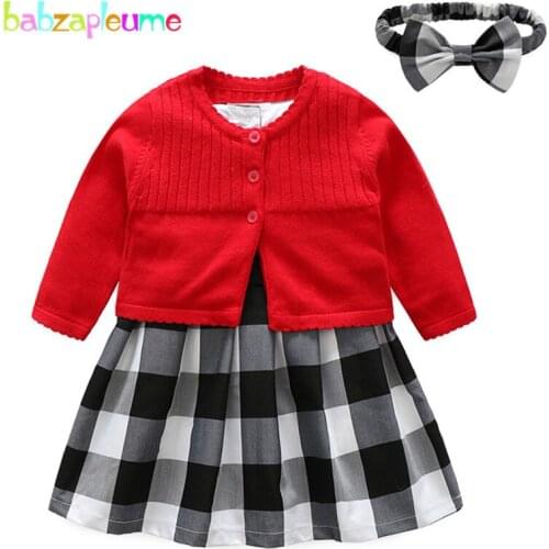 3PCS/Spring Summer Kids Clothes Baby Christmas Outfits Cute Knit Cardigan Coat+Plaid Dress+Headband Girls Clothing Sets BC1566