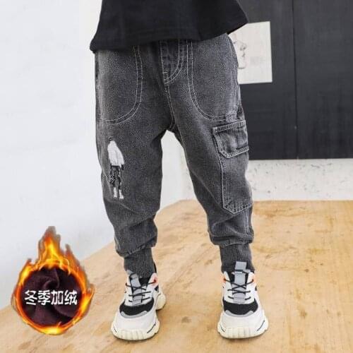 Boys Plus Velvet Jeans Thick Cotton Trousers Kids Winter Boys Small Medium And Big Children Winter Thin Velvet Thickening Tide