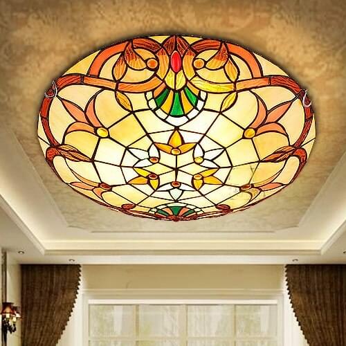 European Baroque Tiffany stained glass Ceiling Light Pastoral Round Glass Lampshade lamparas de techo abajur 110-240V