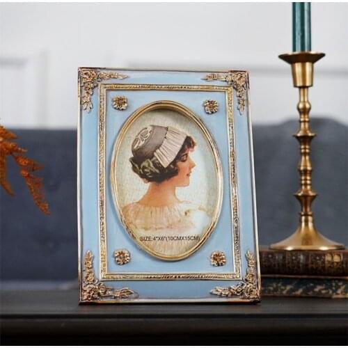 Photo frame Retro Distressed blue Resin carving Outline in gold 6 inches Palace Hang on the wall Desktop decoration Send a Gift