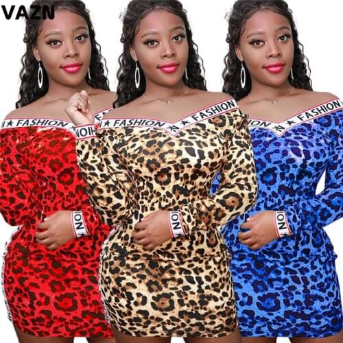 VAZN 2020 Autumn Hot Popular Leopard 3 Color Sexy Young Free Slash Neck Full Sleeve Women High Waist Thin Mini Dress
