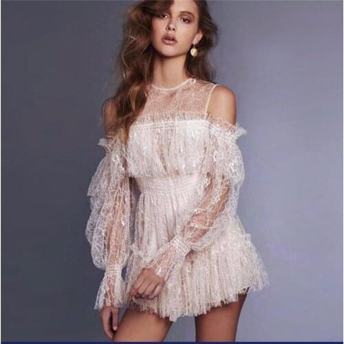 High Quality Women Fashion Sexy Playsuits Jumpsuits Long Sleeve Mesh Lace Style White Jumpsuits Slash Neck Newest Rompers#0076