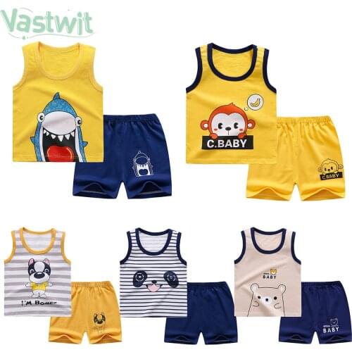 Baby Clothing Sets Casual Summer Cartoon Print Baby Boys Girls Clothes Set Cotton Sleeveless Vest Top+Shorts Kids Clothes Outfit