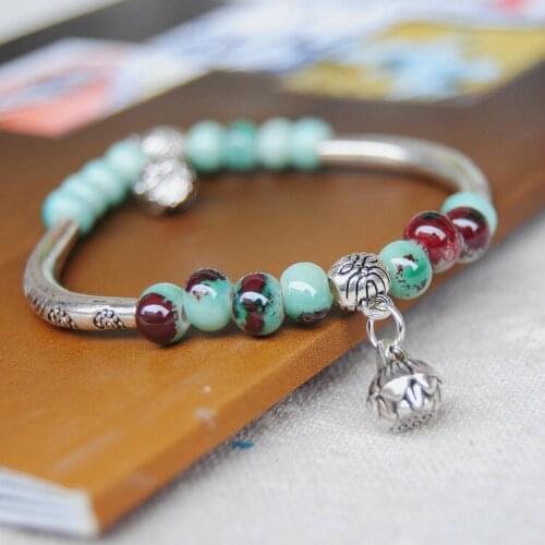 New Cute Girls Ceramics Beads Bracelet Women Vintage Silver Color Chinese Style Good Luck Bracelet Female Jewelry Party Gift