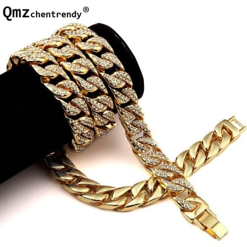 Hip Hop Bling Fully Iced Out Mens Electroplated Miami Cuban Link Chain Gold Necklace Simulated Gemstone Hipster Jewelry