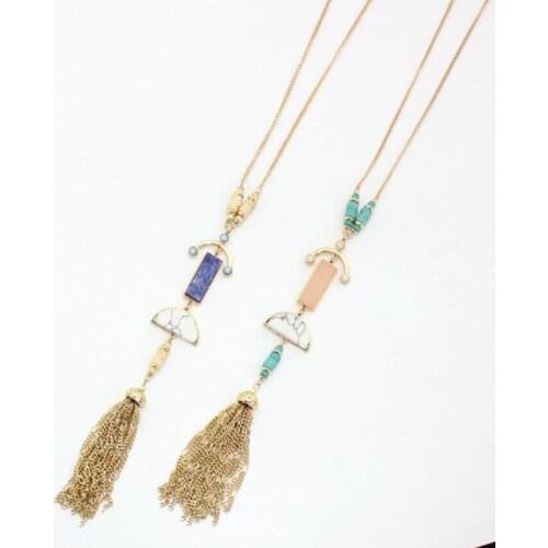 Light Yellow Gold Color Layer Rose Pink Quartz Pendant with Tassels Necklace White Howlite Stone Jewelry