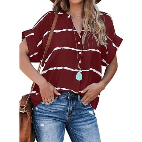 Fashion Casual Tie Dye Stripe Women V-Neck Blouse Short Sleeve Loose Shirt Top