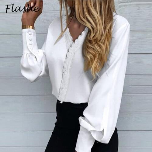 Women Fashion Lace Stitching Long Sleeve Casual T-Shirt V-Neck Solid Office Shirts Women Tshirt Tee Female Tops Streetwear