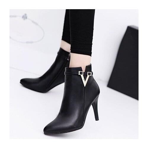 2019 Hot fashion Spring Autumn Thin High Heels Pointed Toe martin boots Faux Leather Zipper Style Sexy Women ankle Boots