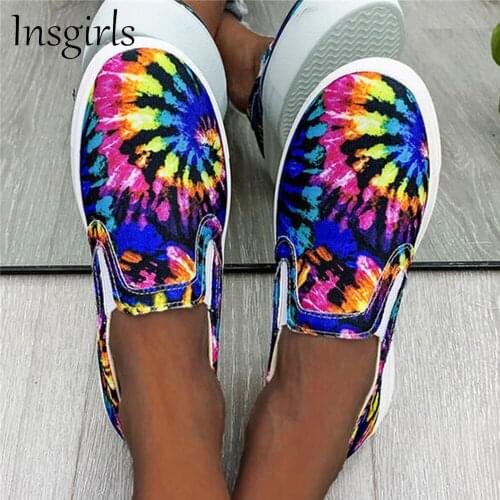 Womens Tie Dye Sneakers 2021 Autumn New Multi Color Ladies Slip On Comfy Casual Canvas Shoes 35-43 Large-Sized Female Flats