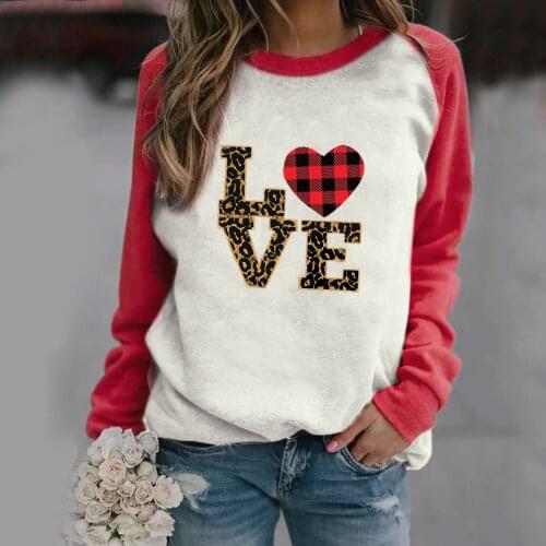 40# Women Vintage T-shirts Casual Raglan Long Sleeve Valentine Printing T-shirt Pullover Tops Oversize T-shirts Женская Одежда