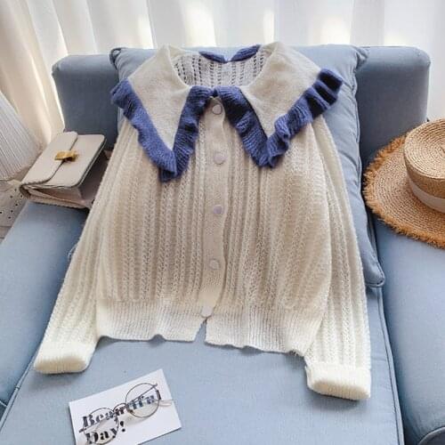 Sweet Versatile Lotus Leaf Baby Collar Hollow Out Sweater Cardigan Sweater Coat Womens 2021 Spring Autumn Top Fashion