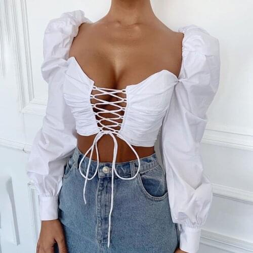 Women Sexy Crop Top Shirt Long Puff Sleeve Bandage Hollow Out Clothes White Black Blouses Top 2020 Fashion Female Streetwear