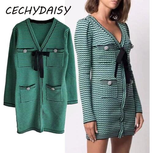 Vintage Sweater Dress Women Green Autumn Winter Za2021 Striped Bow V-Neck Long Sleeve Button Up Sexy Bodycon Short Dresses Robes