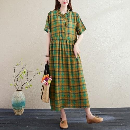 Women Cotton Linen Casual Dress New Arrival 2021 Summer Vintage Style Stand Collar Ruffles Loose Ladies A-line Long Dresses B043