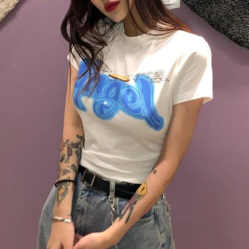 2021 Sexy Angel Tops Letter Print O Neck short Sleeve T-shirt Summer Women Casual Slim Fashion Streetwear Female Short Tops