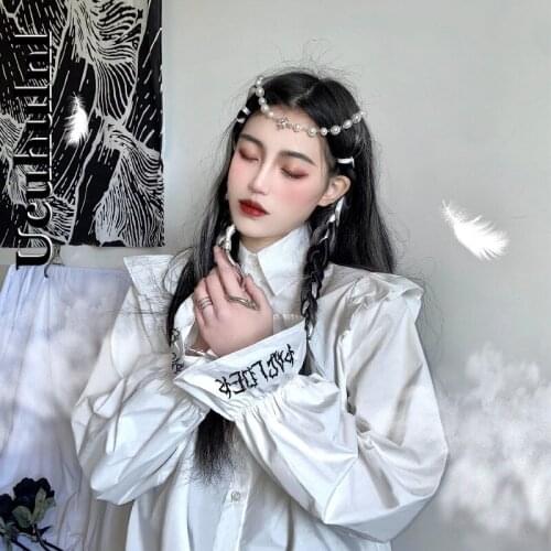 Ucuhulnl Korean Harajuku College Diablo Style Suit Vintage White Flare Sleeve Embroidery Shirt Dress Black Cortex Sling
