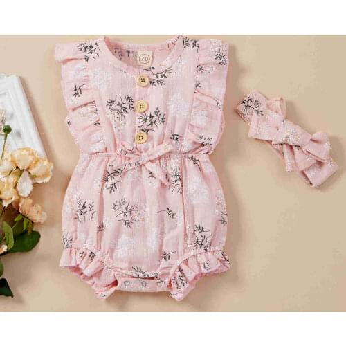 Toddler Kids Romper Summer Casual Playsuits Ruffle Sleeveless Button Jumpsuit+Headband 2pcs Baby Boys Girls Lovely Clothes