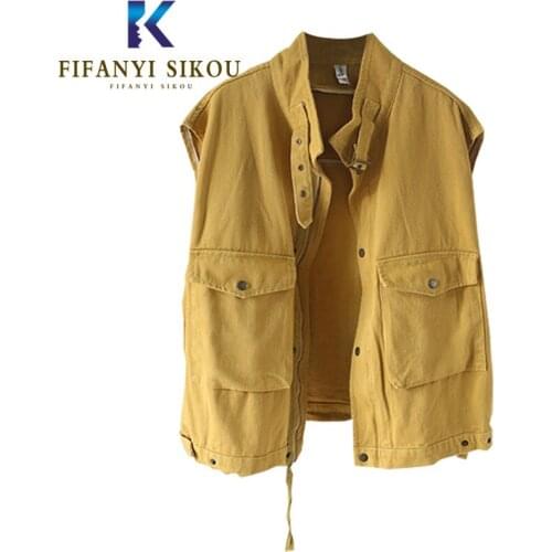 Korean Womens Denim Vest Sleeveless Jacket Pocket Zipper Fashion Jeans Vest Coat Female Loose Casual Vests Denim Jacket 2020