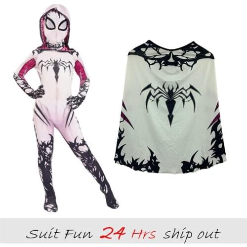 Women Spider-Gwen Cosplay Costumes Spandex White Black Hoodies with Headgear Costumes Suitable for Halloween 24 Hrs Shipped Out