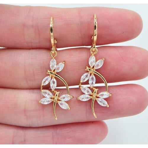 Fashion Gold Color Clear Cubic Zirconia Romantic Dragonfly Dangle Earrings for Women