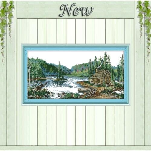 Cabin With lake and hills Scenery painting Counted print on canvas DMC 14CT 11CT DIY Cross Stitch Needlework kits Embroidery Set