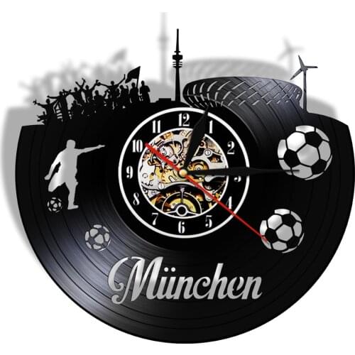 Germany Football Stadium Munich Skyline Vinyl Record Wall Clock Munchen Cityscape Soccer Player Laser Cut Vinyl Disk Craft Clock