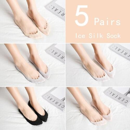5 Pairs Ice silk High-heeled shoes Lace socks non-slip Summer for Women ladies Invisible Solid Color Short Ankle Boat Fruits