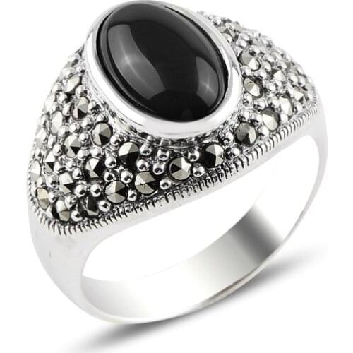Silver 925 Sterling Onyx & Marcasite Ring