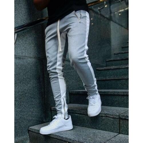 Men Jogger Pants Fitness Bodybuilding Gyms Long Pants Zipper Spring Autumn Side Stripe Casual Fashion Men Sweatpants Trousers