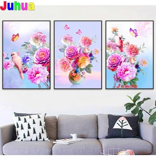 Triptych Pink Peony,Full Square Diamond Painting DIY Cross Stitch Kit 5D Diamond Embroidery Landscape Flowers Birds Top Gift