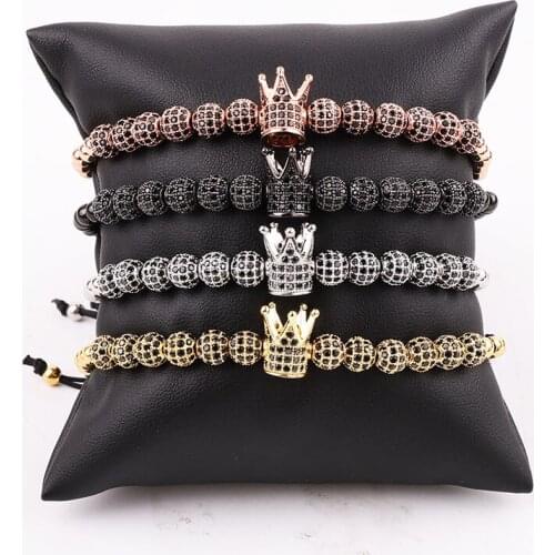 High Quality Luxury Cubic Zirconia Ball Crown Bracelet Men Jewelry Handmade Braided Macrame Bracelet Gift