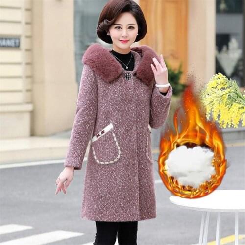Women 2020 Fall Winter Imitation Gold Mink Cashmere Woolen Coat Female Faux Fox Fur Collar Hooded Thicken Wool Long Outwear T191