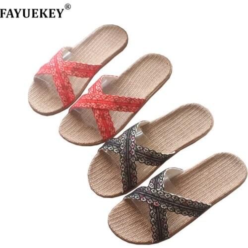 FAYUEKEY 2019 Summer Women Linen Flax Home Slippers Floor Beach Outdoor Sexy Lace Breathable Non-slip Slides Sandals Flat Shoes