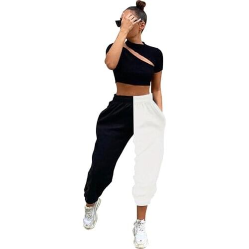 Womens high waist loose jogging pants, casual fashion black-and-white stitching loose yoga sports versatile pants